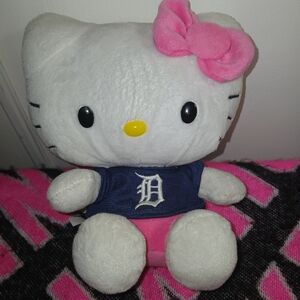 Hello Kitty Plush Pink Bow Wearing Navy Detroit Tigers Baseball T Shirt 6x9"